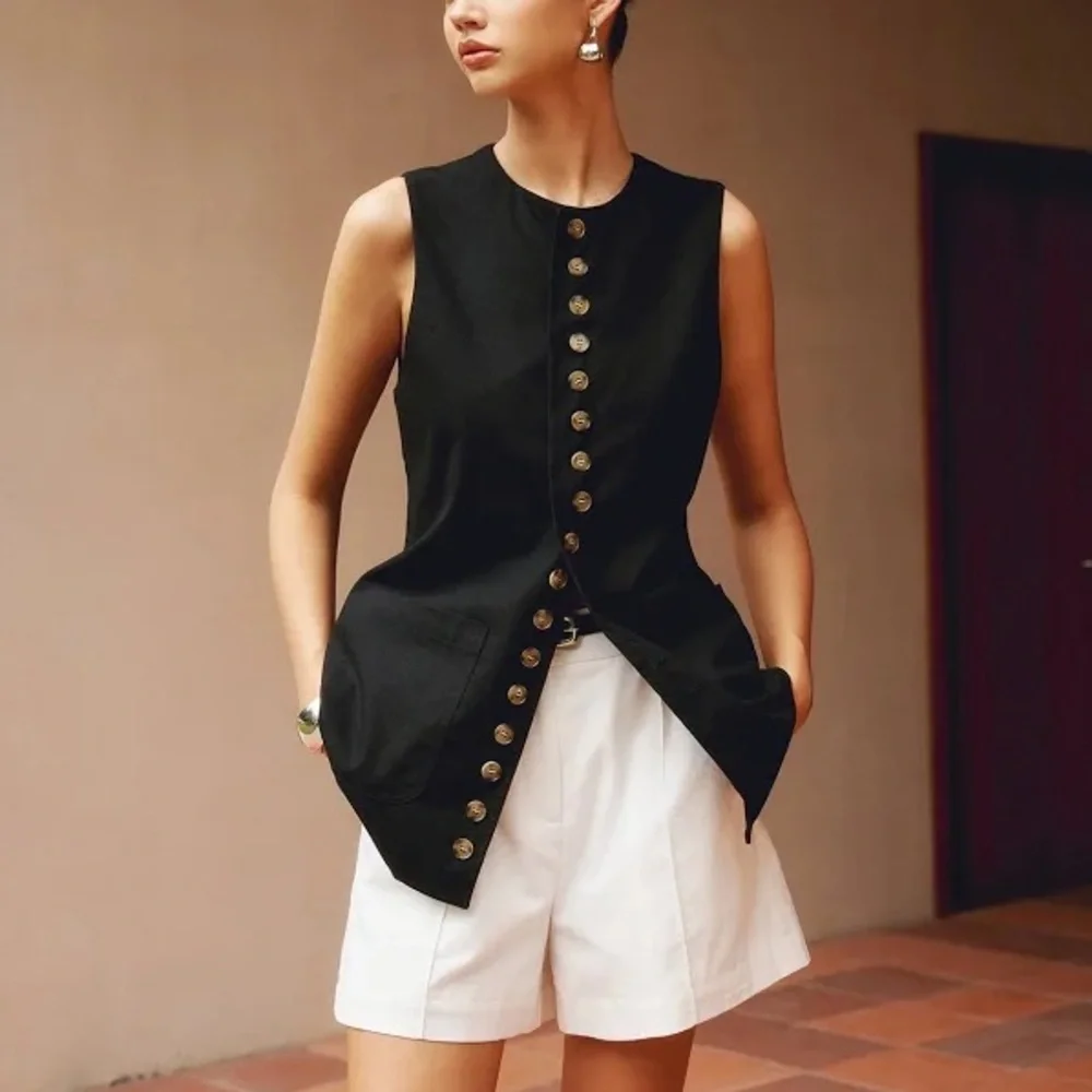 Black Cotton & Linen Crew Neck Sleeveless Button Up Front Longline Vest - Picture 2 of 14